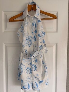 Lena White Halter Romper with Light Blue Floral Pattern